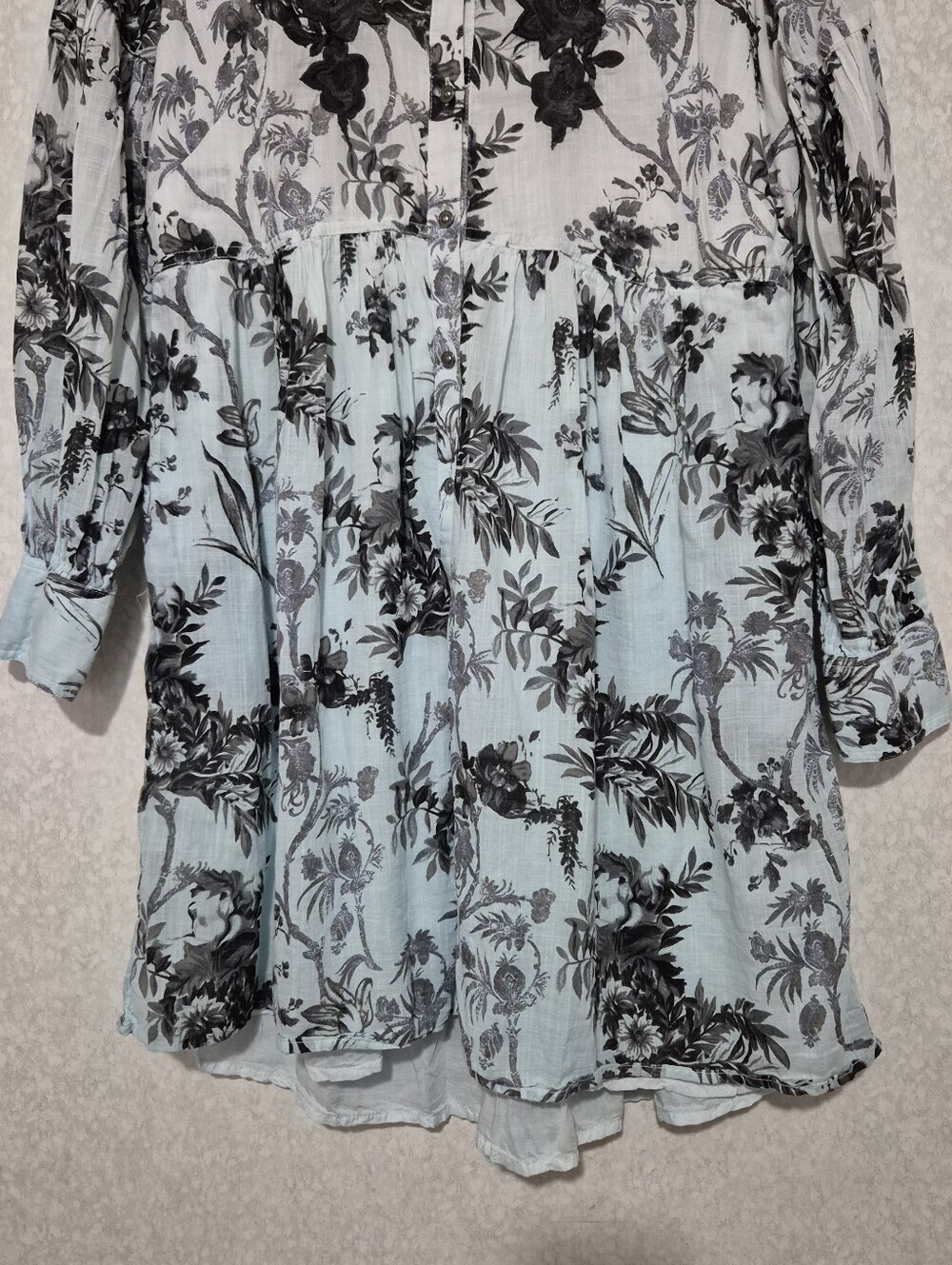 Anthropologie Pale Blue and White Black Floral Embroidery Tiered Shirt Dress-0 - Picture 3 of 13